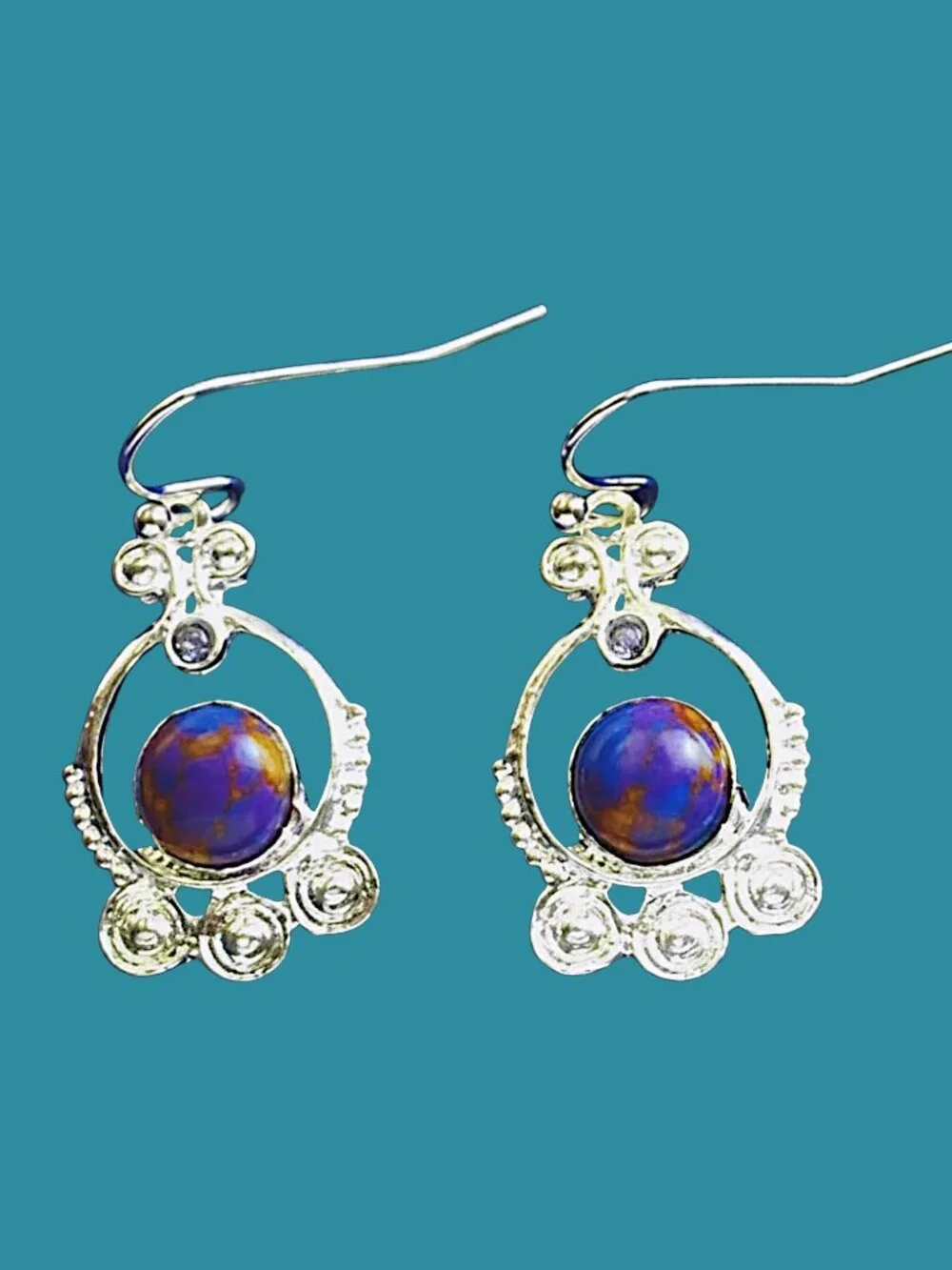 23x15x4/32mm Purple Turquoise Silver Flower Earring
